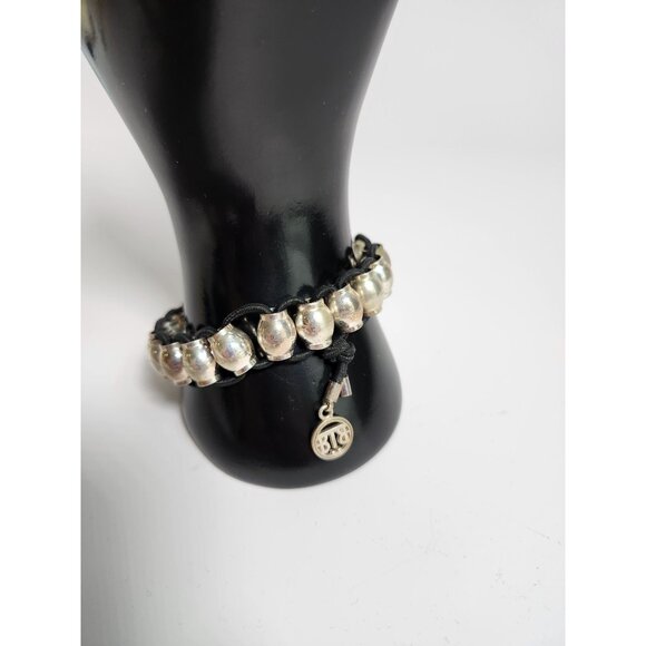 Buddha To Buddha Sterling Silver Bead Bracelet With Black Cord & Logo Charm Adju - Picture 2 of 8